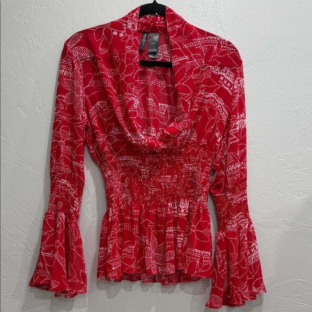Bisou Bisou Red Floral Cowl Neck Blouse Size 6